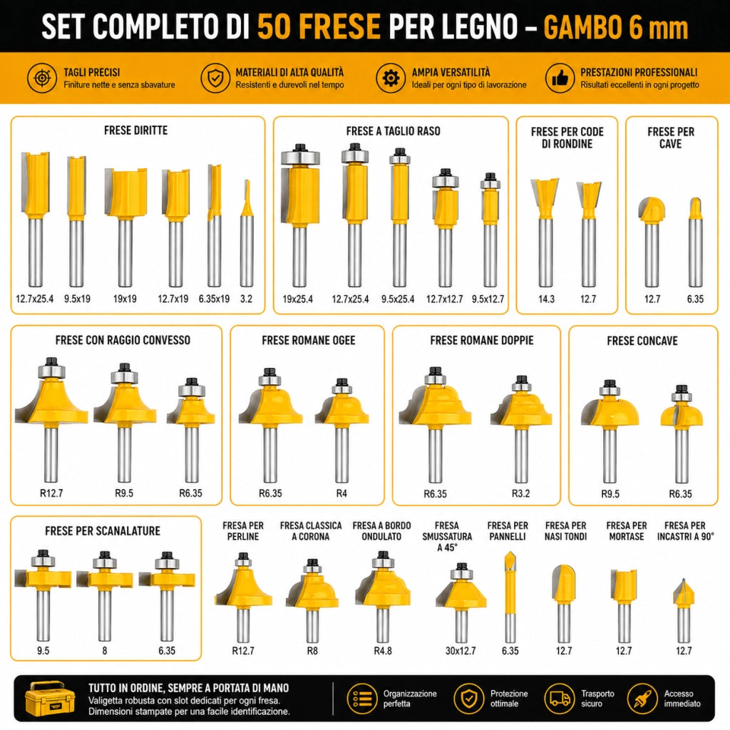 Kit Set 35 Frese Fresa Fresatrice Pantografo Punte per Legno Gambo 6 mm 610113