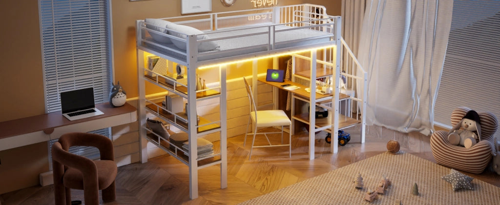 DESMIU Letto a soppalco singolo con LED, presa, scrivania e scaffali, 90 × 200 cm, senza materasso, bianco