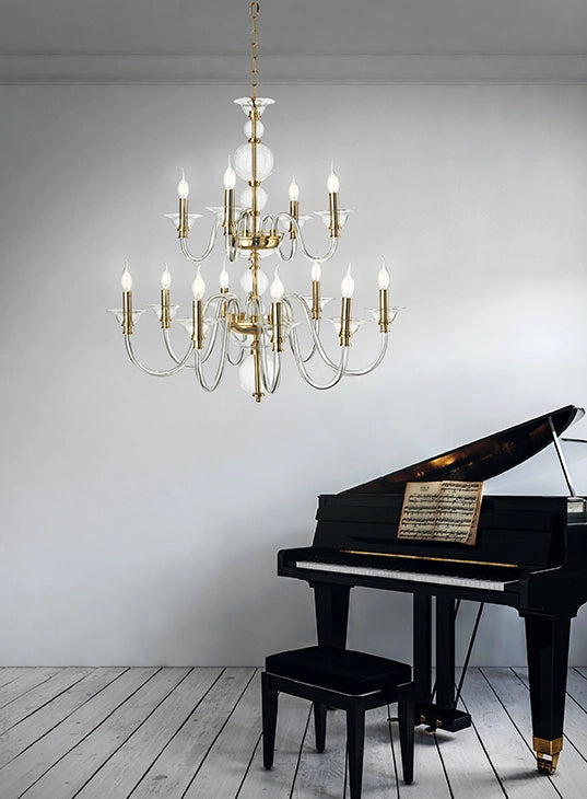 LAMPADARIO TEBE 12 LUCI TRASPARENTE E ORO ATTACCO E14 D.87CM