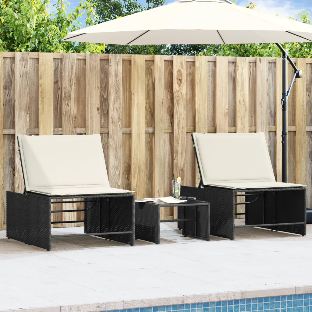 Lettini prendisole modulari 2 pz con tavolo nero in polyrattan 368422