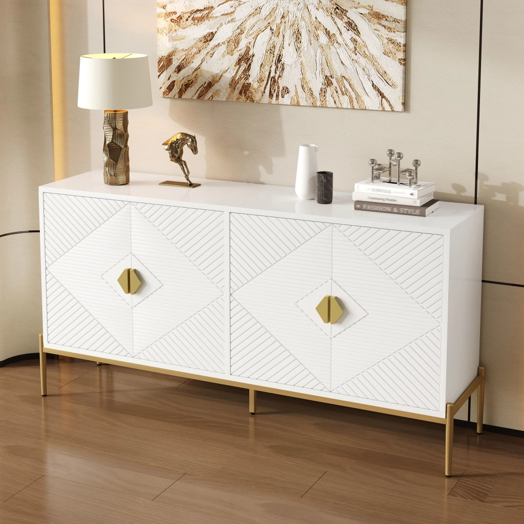 Credenza con 4 Ante; Motivo Geometrico 3D; Maniglie Dorate; Gambe in Metallo; Stile Moderno; 162??40??80 cm; Bianco