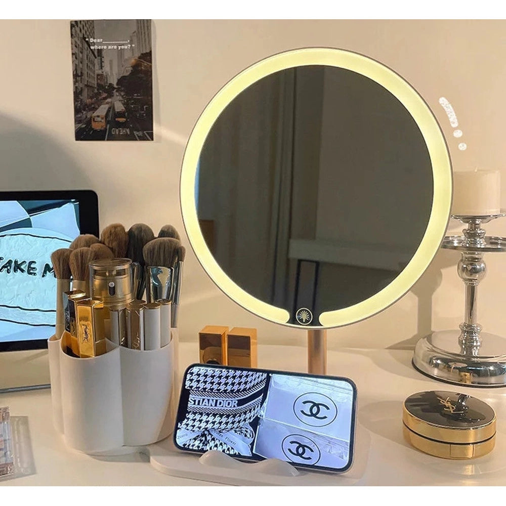 Trade Shop - Specchio Trucco Da Tavolo Con Luce Led Contenitore Portaoggetti Girevole Portacellulare -