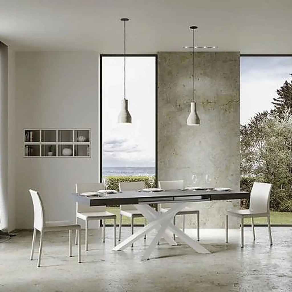 Tavolo allungabile 140/400x90 cm Volantis colore cemento gambe bianche