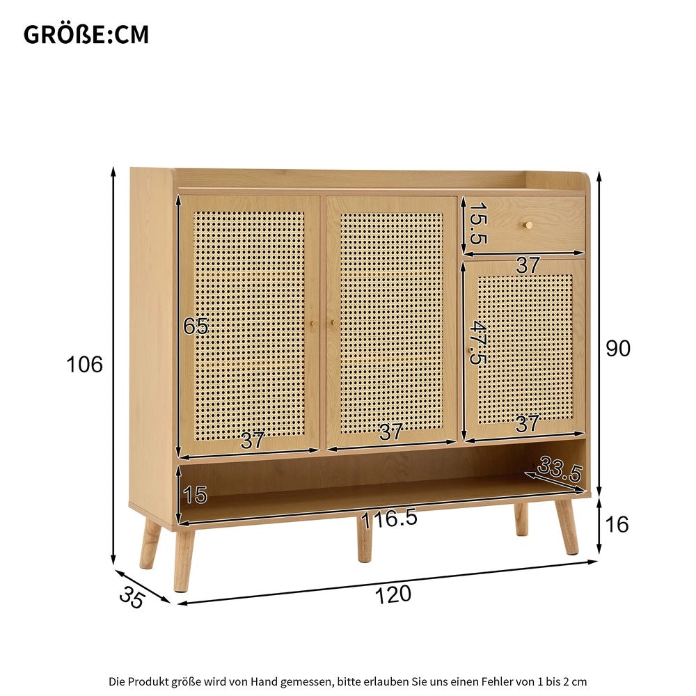 Scarpiera in Rattan con 3 Ante, 1 Cassetto e 5 Ripiani ¨C MINIMAL ¨C Legno Massello, 120x106x35 cm