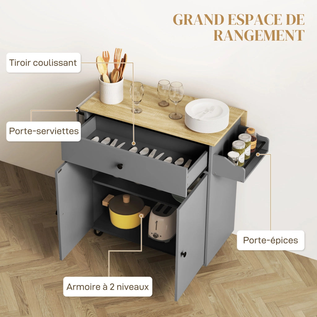 Tavolo da cucina con ruote e ripiani ¨C zephmum ¨C grigio