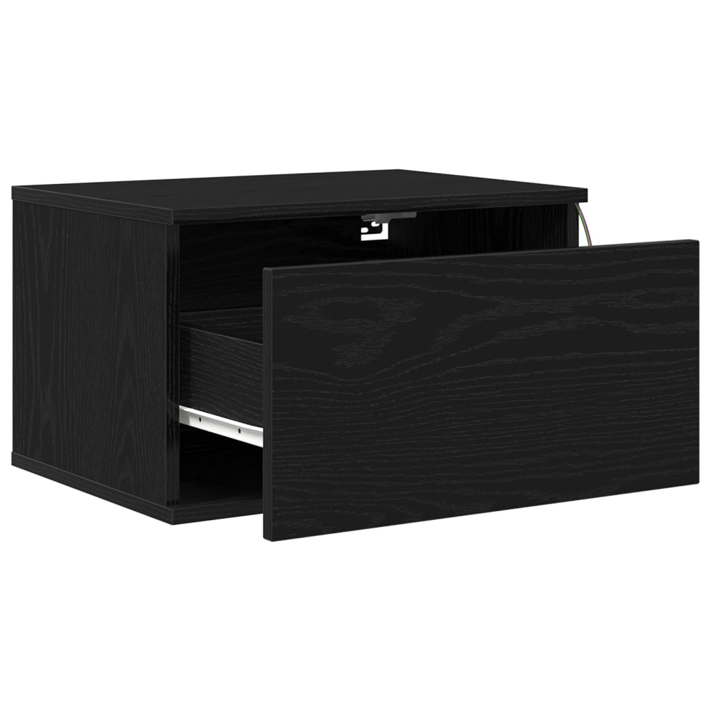 Comodino  con LED montato a parete in rovere nero 50x36x30 cm
