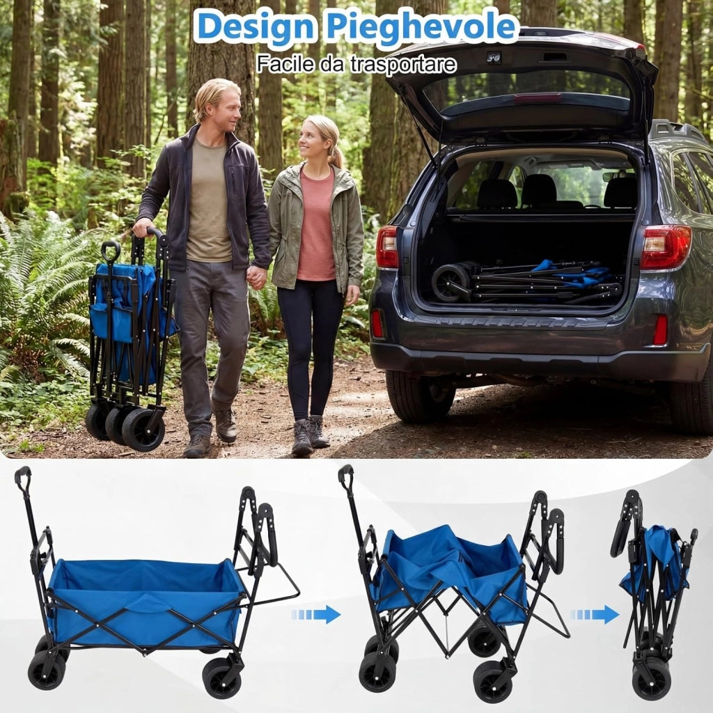 Carrello Pieghevole con Tetto, Carrello Trasportabile con Maniglia Regolabile, Borsa Portaoggetti e Ruote Grandi, Carrello da Giardino Capacità 100L, per Campeggio e Animali Domestici (Blu)