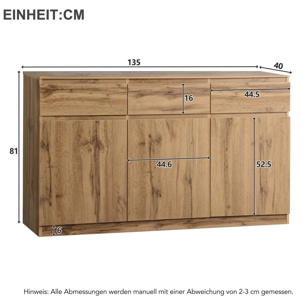 Credenza 135x40x81 cm con 3 ante e 3 cassetti; ripiani regolabili in pannello truciolare naturale