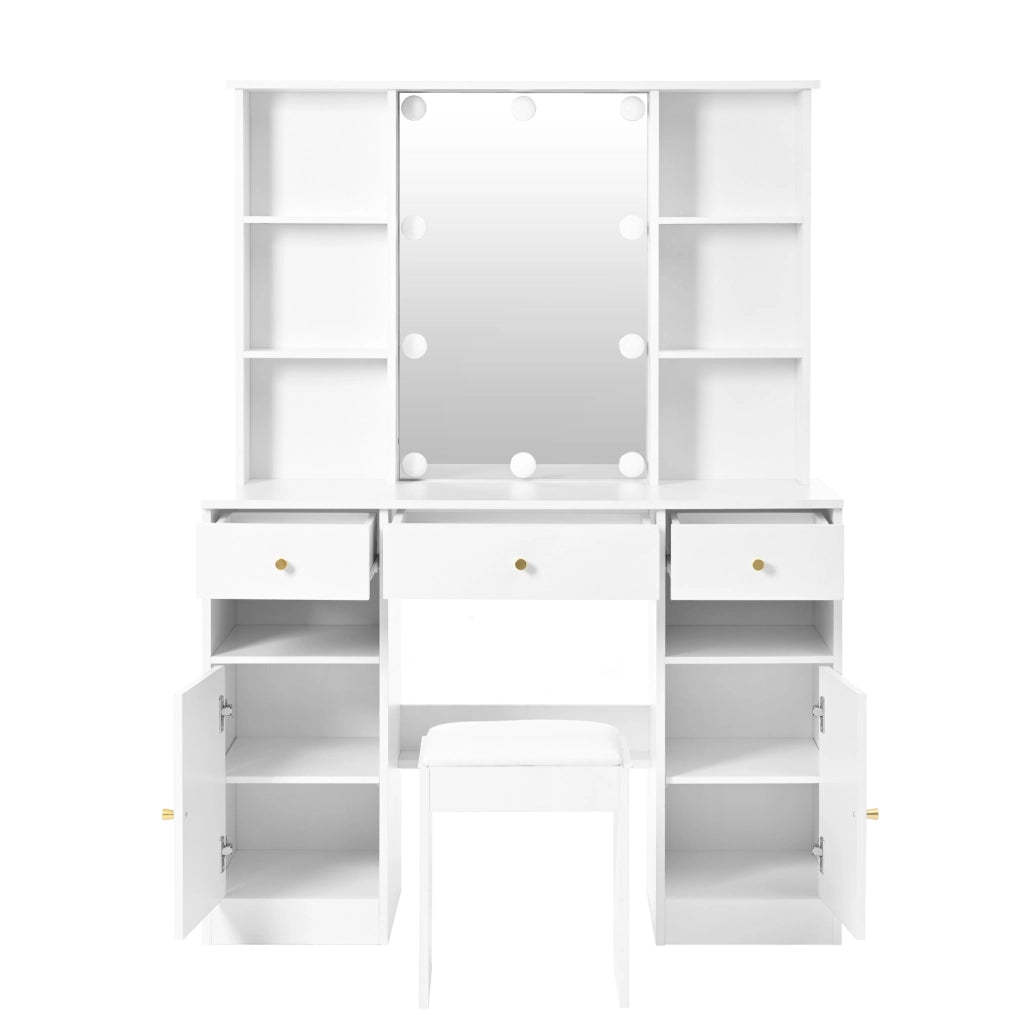 Toeletta bianca con specchio LED, 3 cassetti e 2 ante