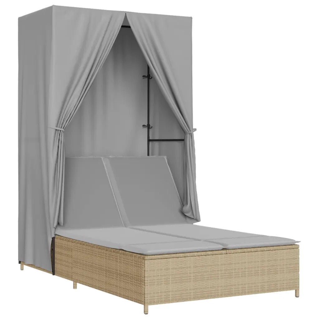 Lettino Prendisole con Tetto e Tende Beige in Polyrattan 368102