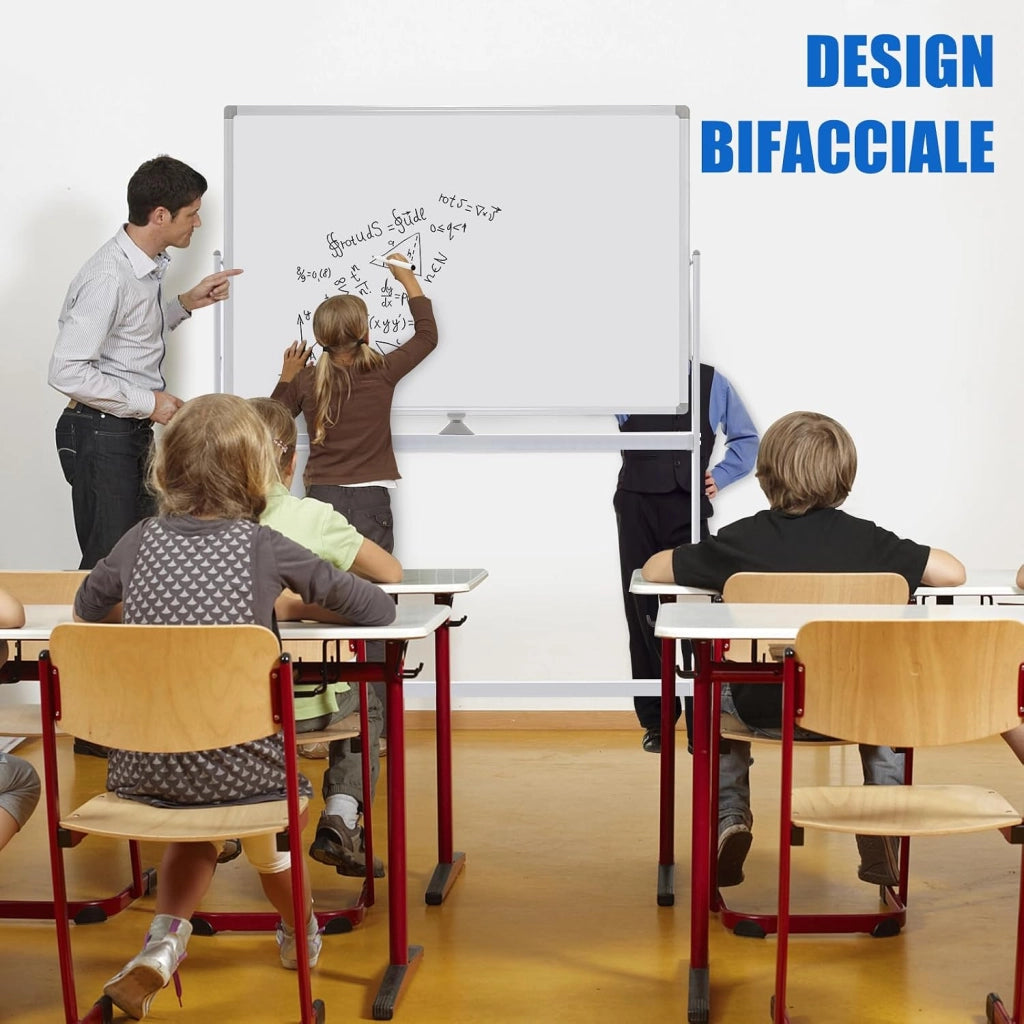 Lavagna Bianca Mobile 120 x 80 cm, Lavagna a Doppia Faccia Magnetica Cancellabile a Secco con Cavalletto e Ruote, Altezza Regolabile 2 Livelli, Accessori Completi (Bianco)