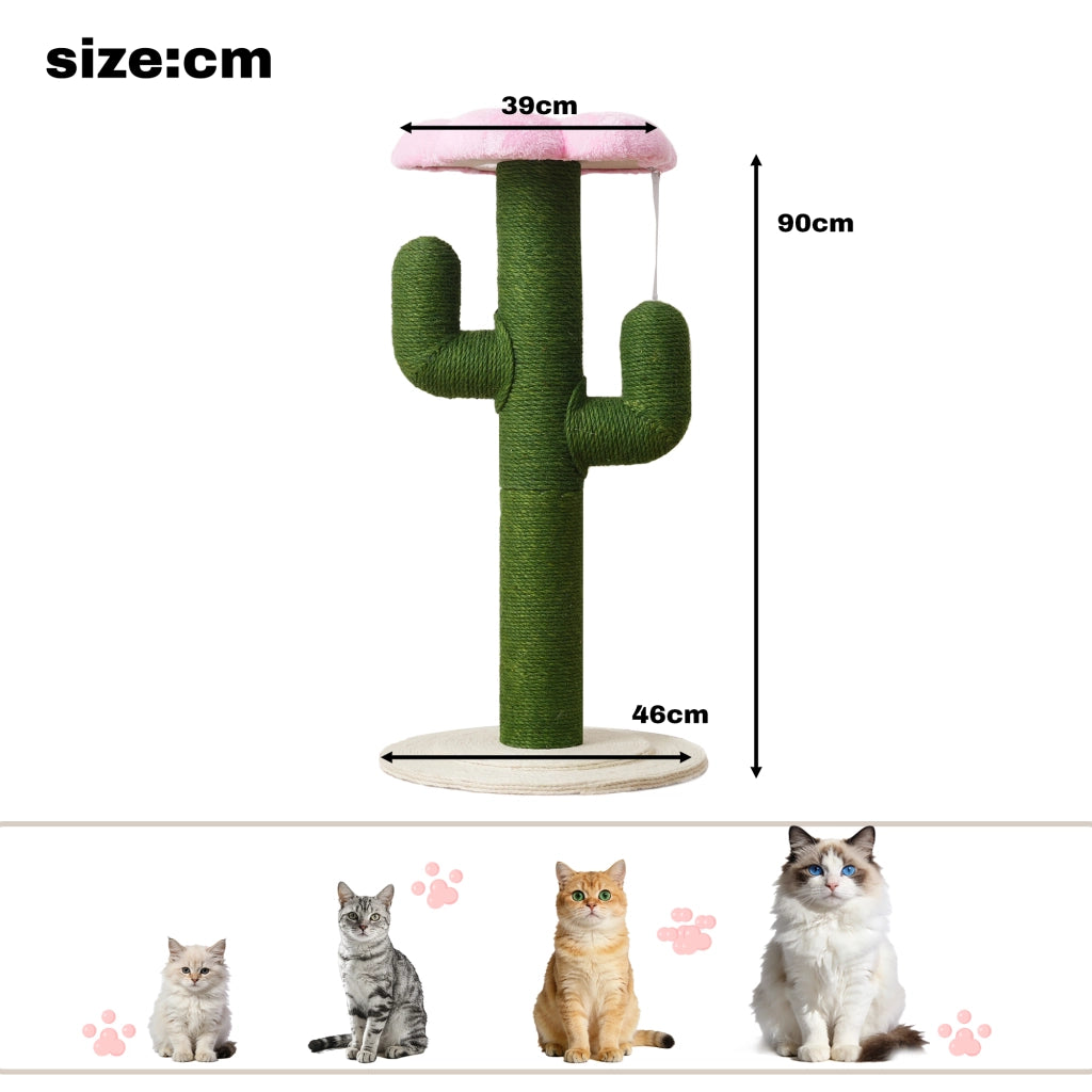 Albero tiragraffi per gatti a forma di cactus, 90 cm, con pali in sisal da 10 cm e protezione antiribaltamento, verde