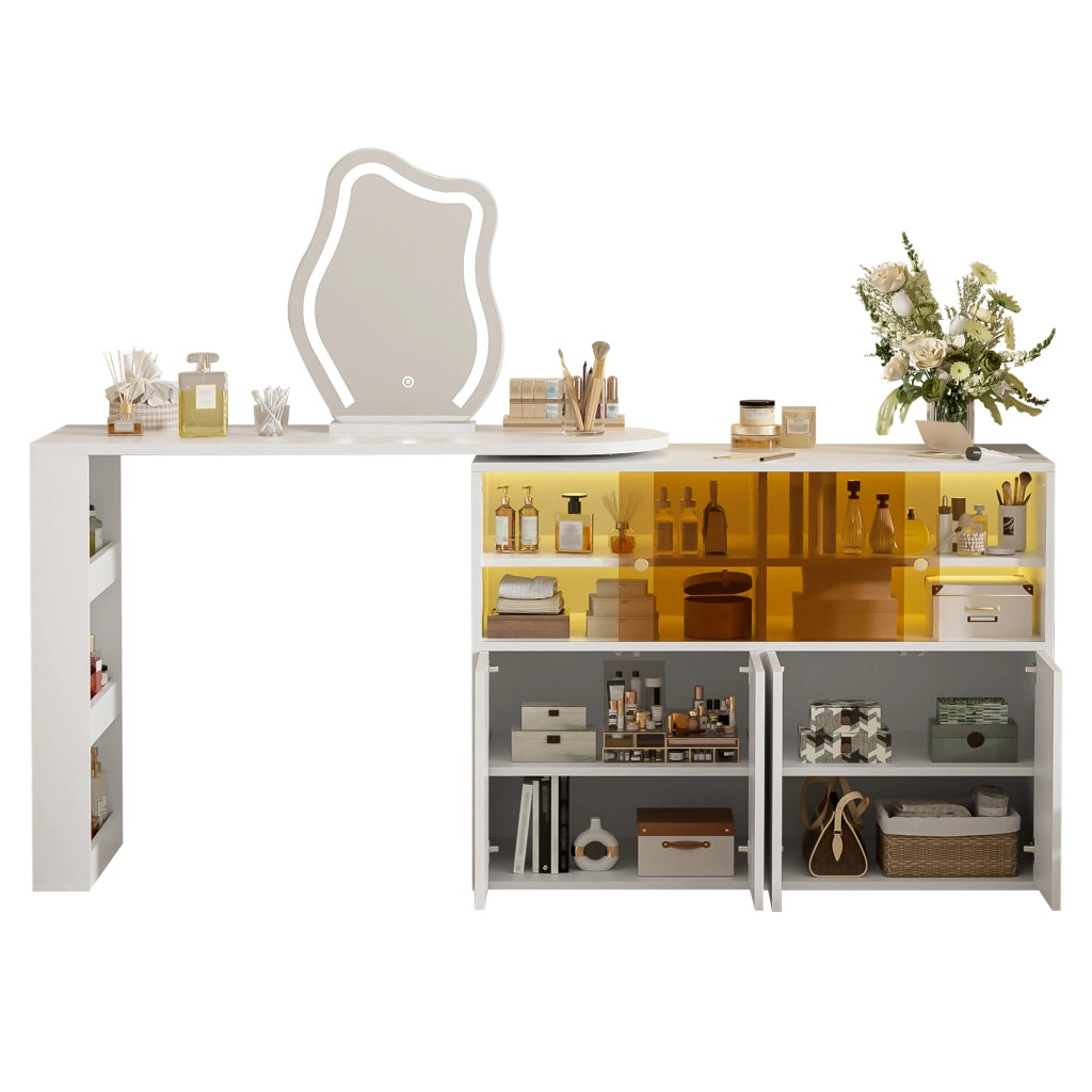 Tavolo da trucco angolare girevole con specchio LED a 3 colori, scrivania 2 in 1, bianco