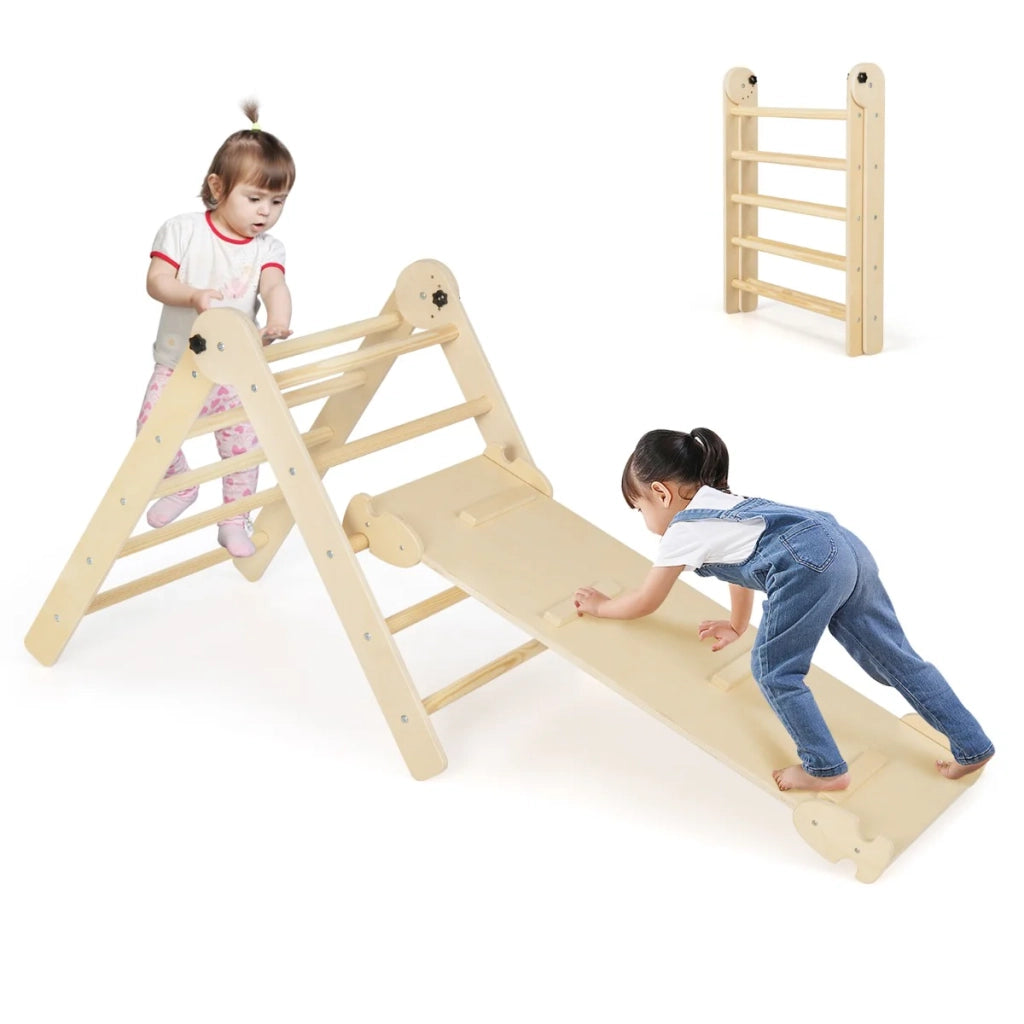 Triangolo di arrampicata pieghevole con rampa bifacciale 134/114/87 cm area gioco creativa sicurezza aumentata legno naturale 20_0019578