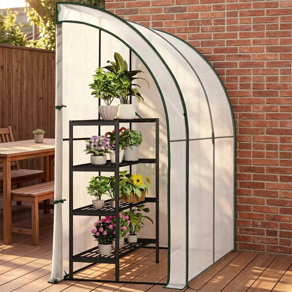 Serra a tunnel addossata con 2 porte avvolgibili e tetto semicircolare in metallo e polietilene bianco 200 × 100 × 210 cm