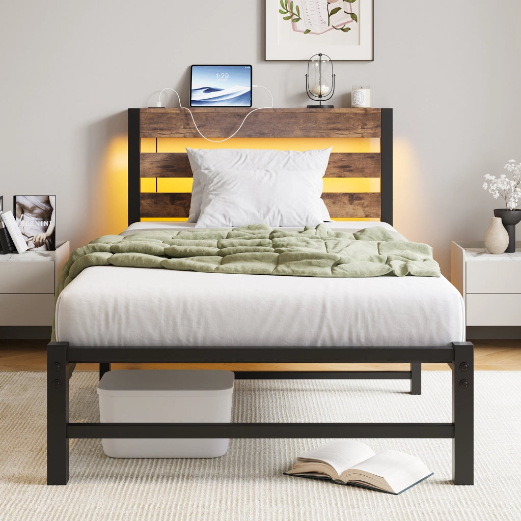 LETTO 90x200 cm con LED RGB e 2 USB in metallo e legno Nero Marrone