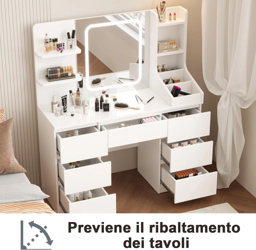 Toeletta da Trucco con 7 Cassetti, Postazione Trucco con Specchio a LED, Luminosità Regolabile,Tavolo da Toeletta con 4 Ripiani Aperti,per la Camera da Letto, Bianco