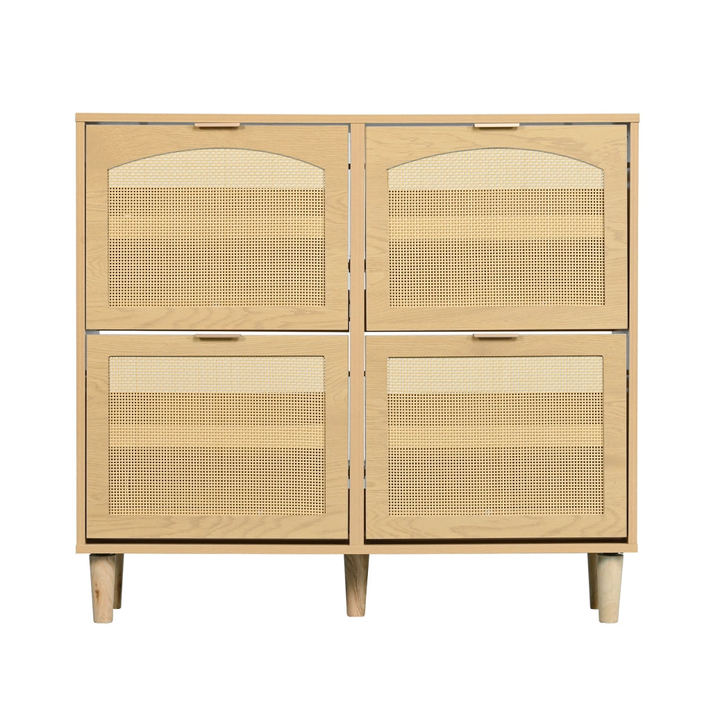 Scarpiera con 4 ante ribaltabili in stile rattan, mobile salvaspazio per ingresso con struttura in truciolare effetto rovere, 100 x 25 x 90 cm