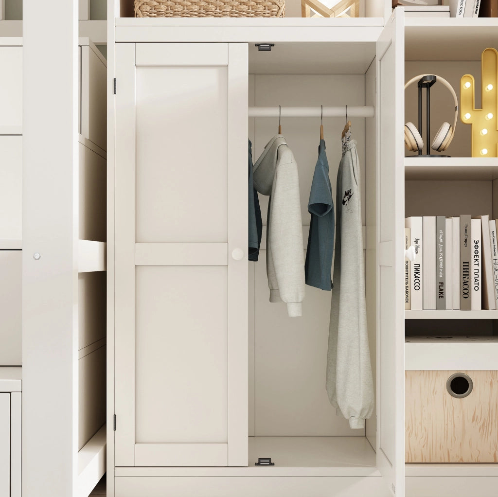 Letto a soppalco bianco 90x200 cm in legno con scrivania; armadio; ripiani e prese USB