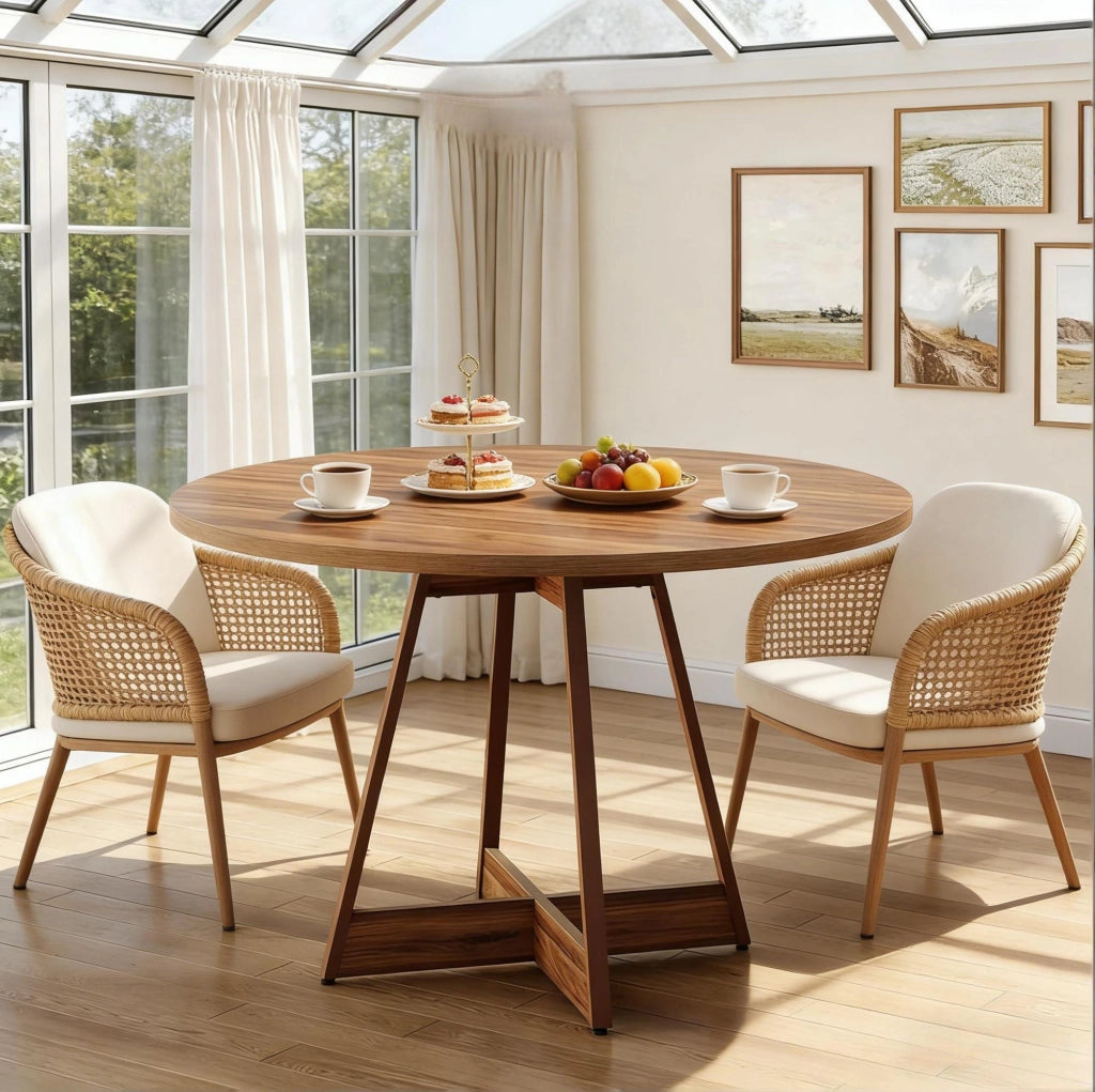 Tavolo rotondo da pranzo 100 cm in MDF marrone; con base centrale stabile