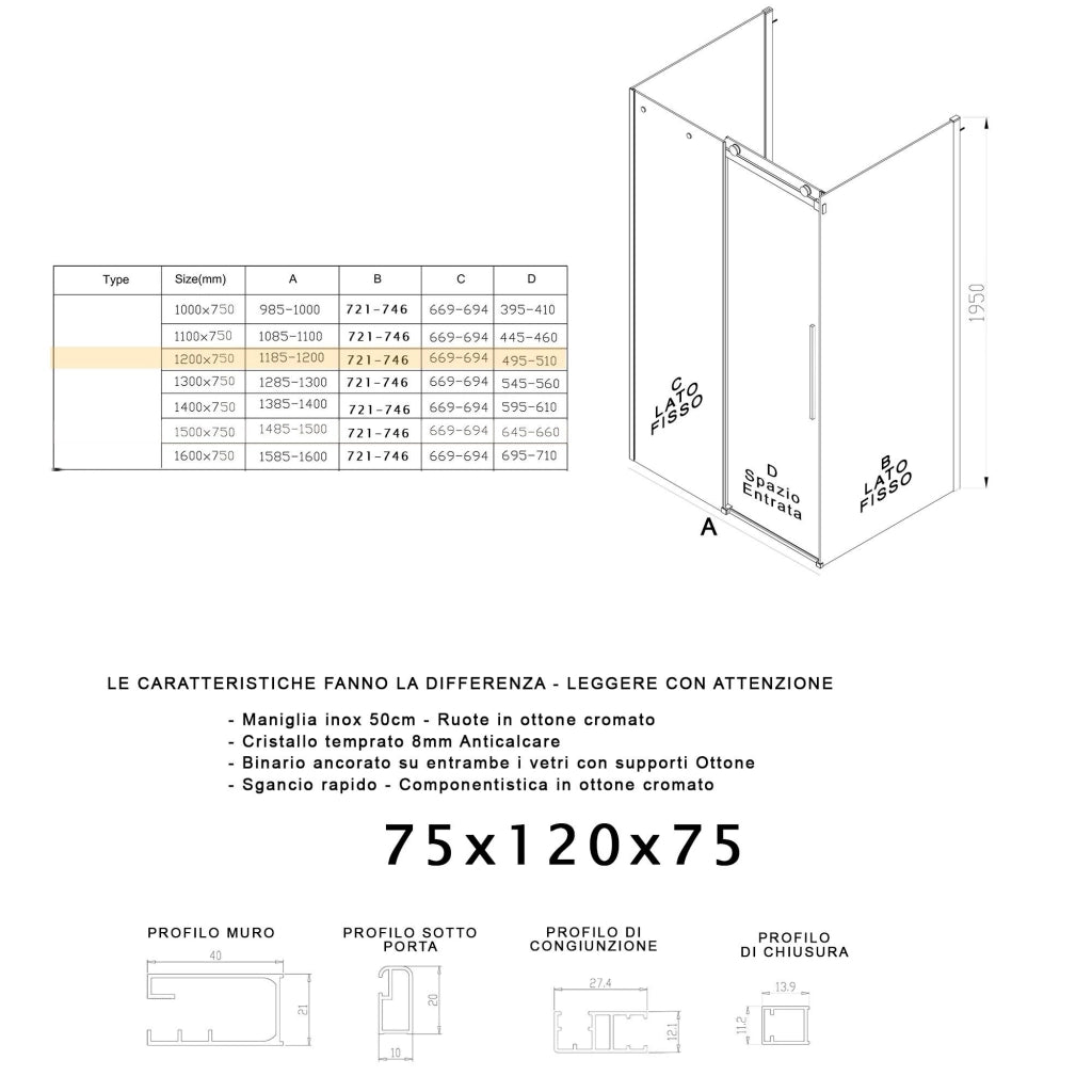 Box Doccia 3 Lati 70x140x70 cm 1 Anta Scorrevole in Cristallo Trasparente 8mm H195 Bonussi Alina