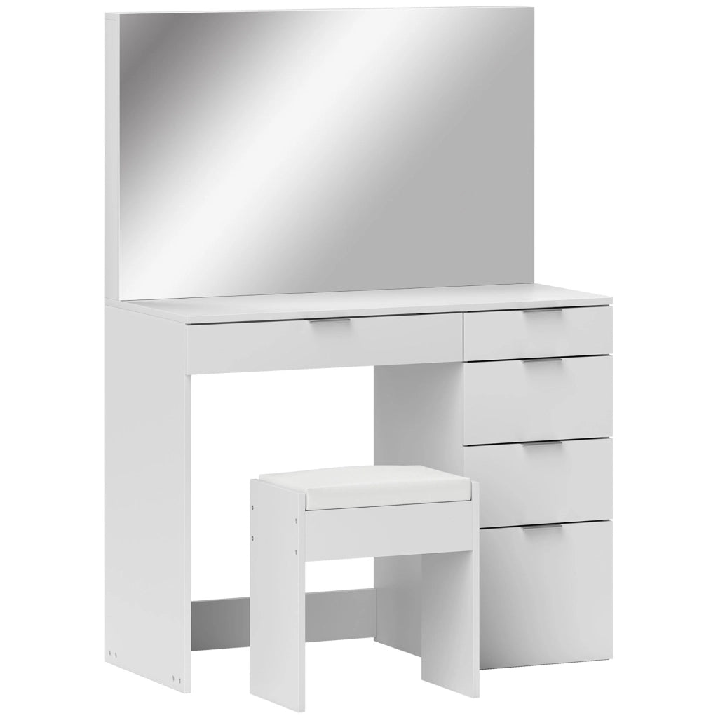Consolle Trucco con Specchio 5 Cassetti e Sgabello 97,2x44,5x136,5 cm Bianco