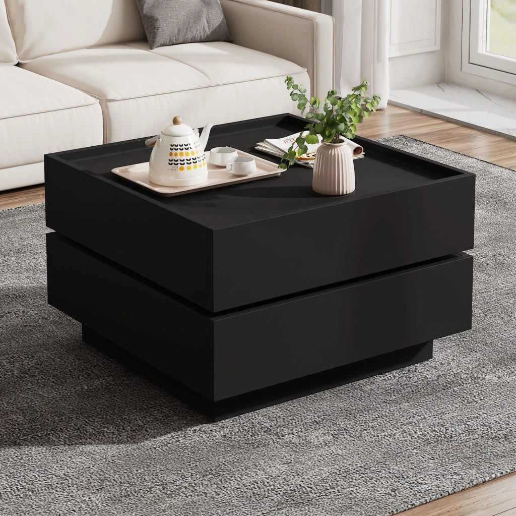 Tavolino da caffè 60x60x38 cm girevole a 360°; con cassetti; in truciolare nero