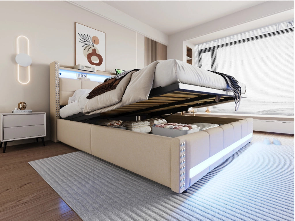 Letto matrimoniale imbottito con testiera contenitore; LED; porta USB; contenitore idraulico e doghe; lino beige; 180x200 cm