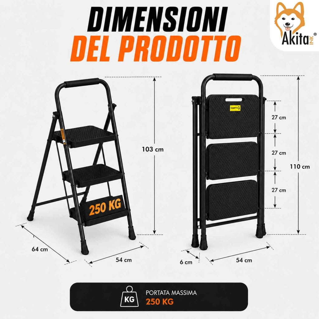 Akitaink Scaletta Acciaio 3 Gradini Pieghevole Nera 250 Kg