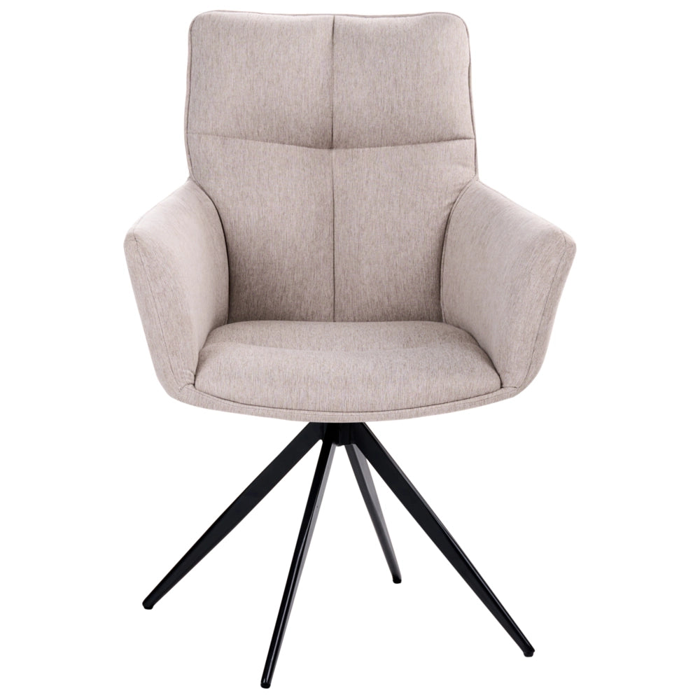 Sedia da pranzo beige con rivestimento in poliestere, gambe in ferro nero, braccioli e base girevole stile moderno per la sala da pranzo.