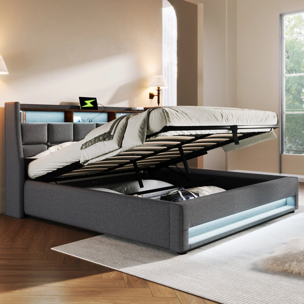 OKWISH Letto Contenitore 180×200 cm, Letto Matrimoniale con USB, LED Regolabile e Vano Contenitore, senza Materasso, in Lino, Grigio