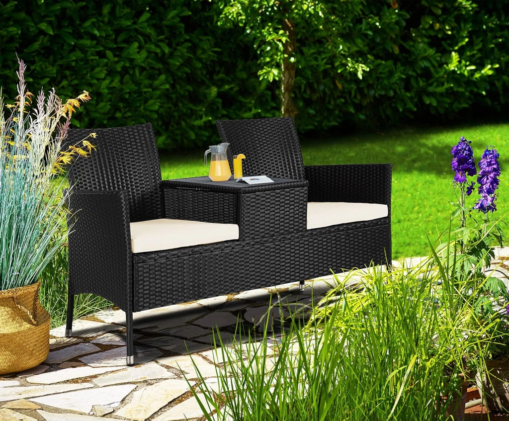 ® Panchina da Giardino Poly Rattan 143x64x88cm Tavolino Portaoggetti Salottino Outdoor Balcone Terrazza 2 posti