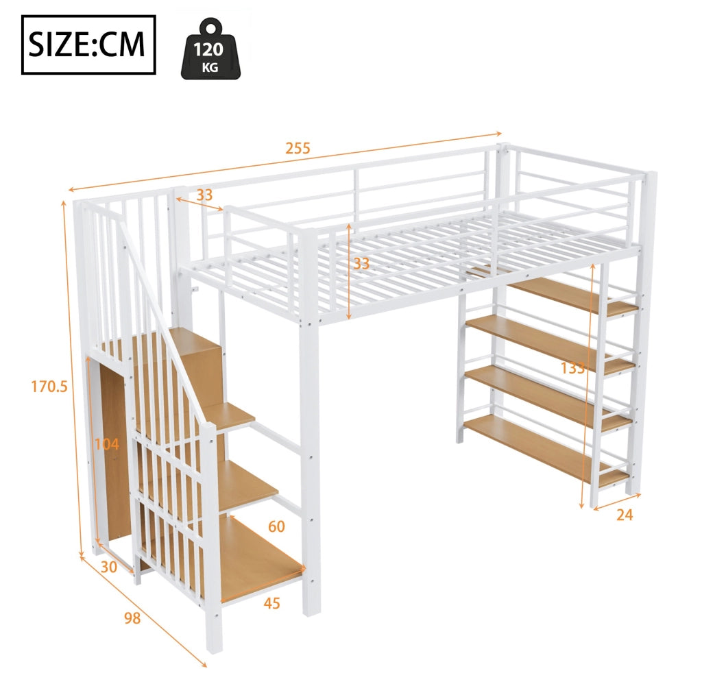 Letto a soppalco 90x200 cm con scala contenitore e armadio; bianco