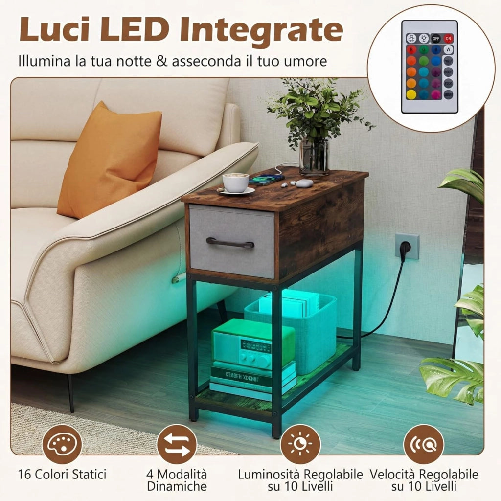 Tavolino da Salotto, Tavolino Laterale con Stazione di Ricarica & Luci LED, Cassetto in Tessuto e Ripiano Aperto, Mobile Versatile da Camera da Letto e Soggiorno