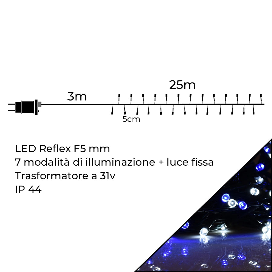 CATENA DI LUCI NATALIZIA 500 LED BIANCHI E BLU - CON PROTEZIONE IP44 E CONTROLLER 8 MODALITA' DI ILLUMINAZIONE
