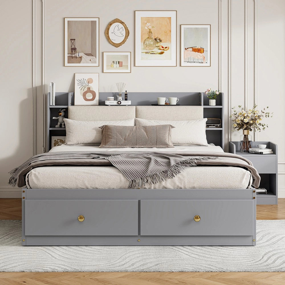 Letto Contenitore Matrimoniale in Legno Massello con Cassetti e Comodino ¨C MINIMAL ¨C Grigio 140x200
