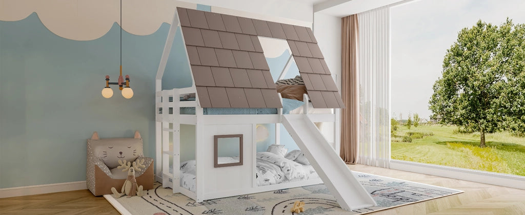 DESMIU Letto a castello casetta 140 × 200 cm 2 posti con scala, senza materasso, in MDF, marrone bianco