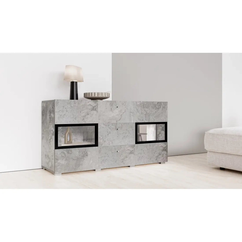 Buffet RAMOS – 2 porte in vetro + 3 cassetti – Grigio effetto cemento e nero – Senza LED