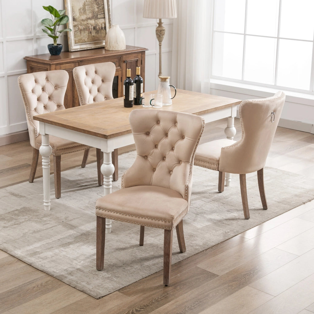 Sedie da Pranzo Imbottite in Velluto ¨C MINIMAL ¨C Beige, Gambe in Legno Massello, Set 4 Pezzi