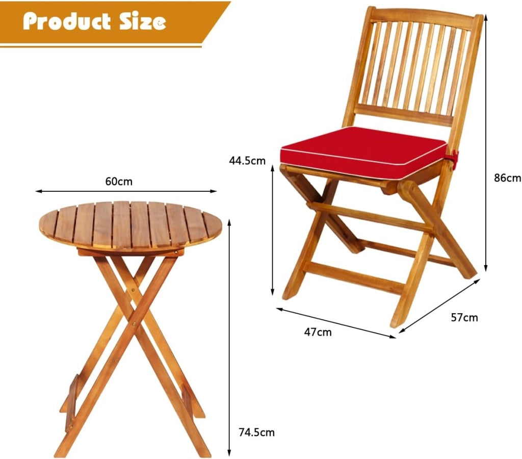 Set di Tavolo e 2 Sedie Pieghevoli in Legno d'Acacia con 2 Cuscini Imbottiti Removibili, Per Esterno, Patio, Giardino e Balcone (Rosso)