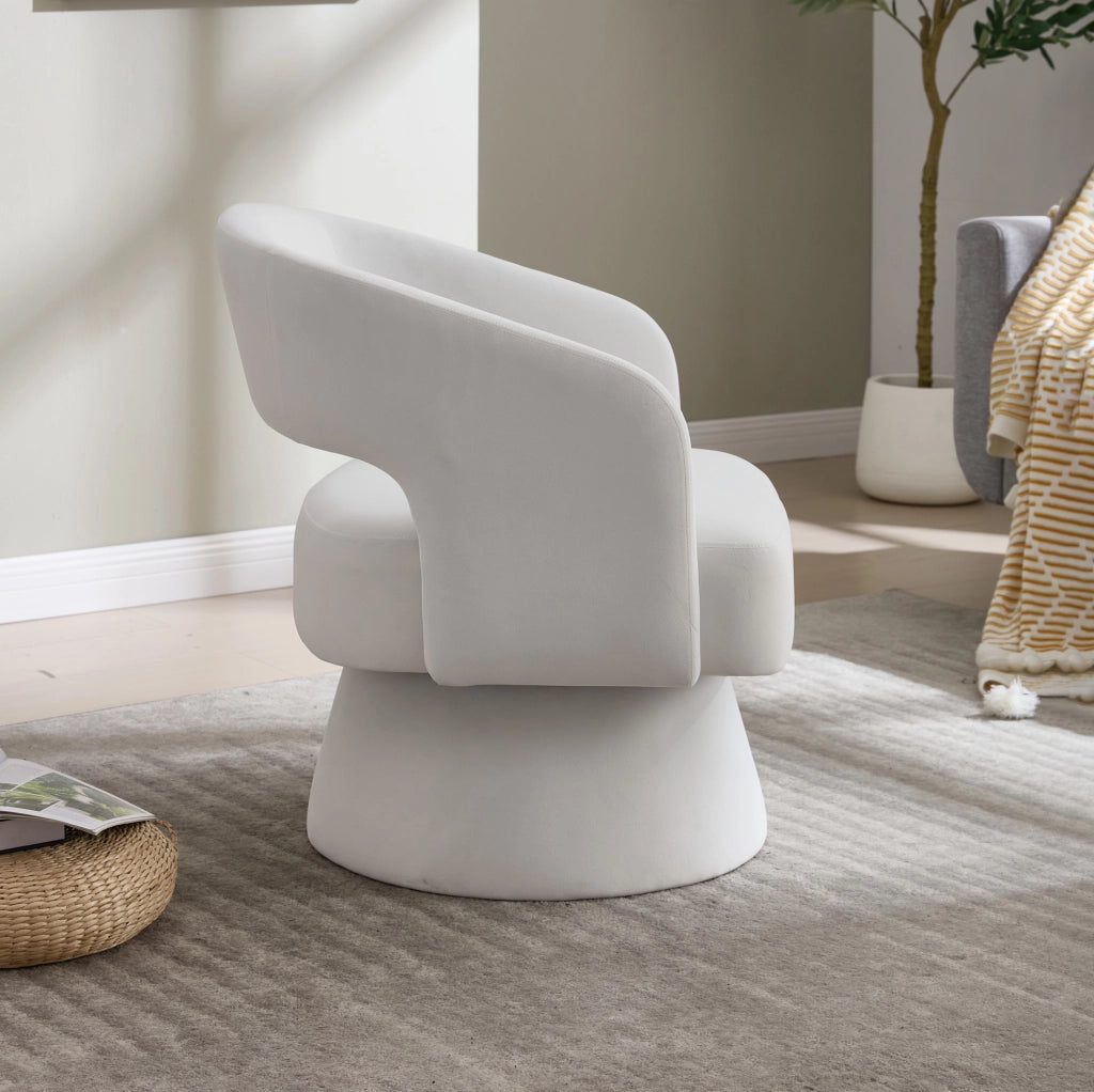 Poltrona girevole moderna in ciniglia beige con base rotonda