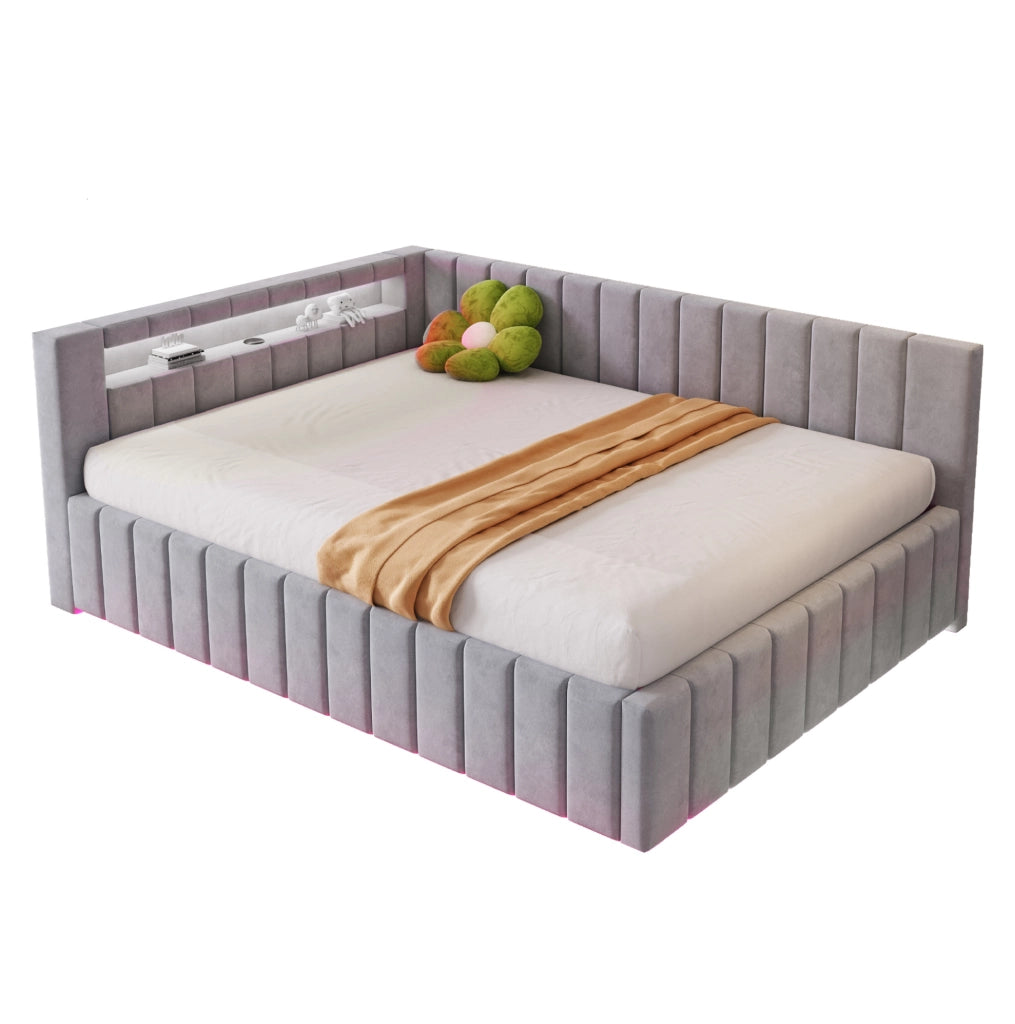Letto imbottito 140x200 cm con vano, LED e USB grigio