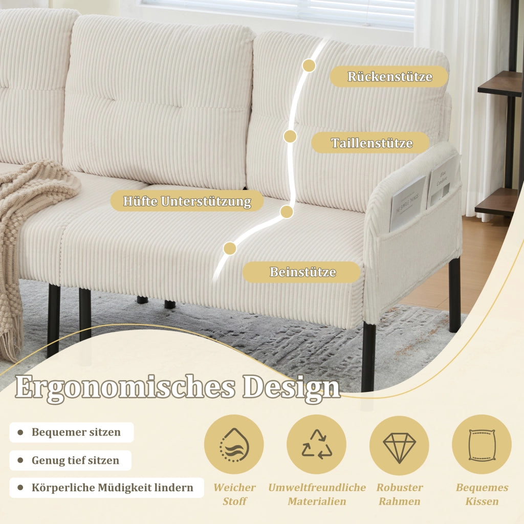 Divano a 3 posti in tessuto corduroy con seduta ampia, tasca laterale, schienale ergonomico e struttura in metallo beige