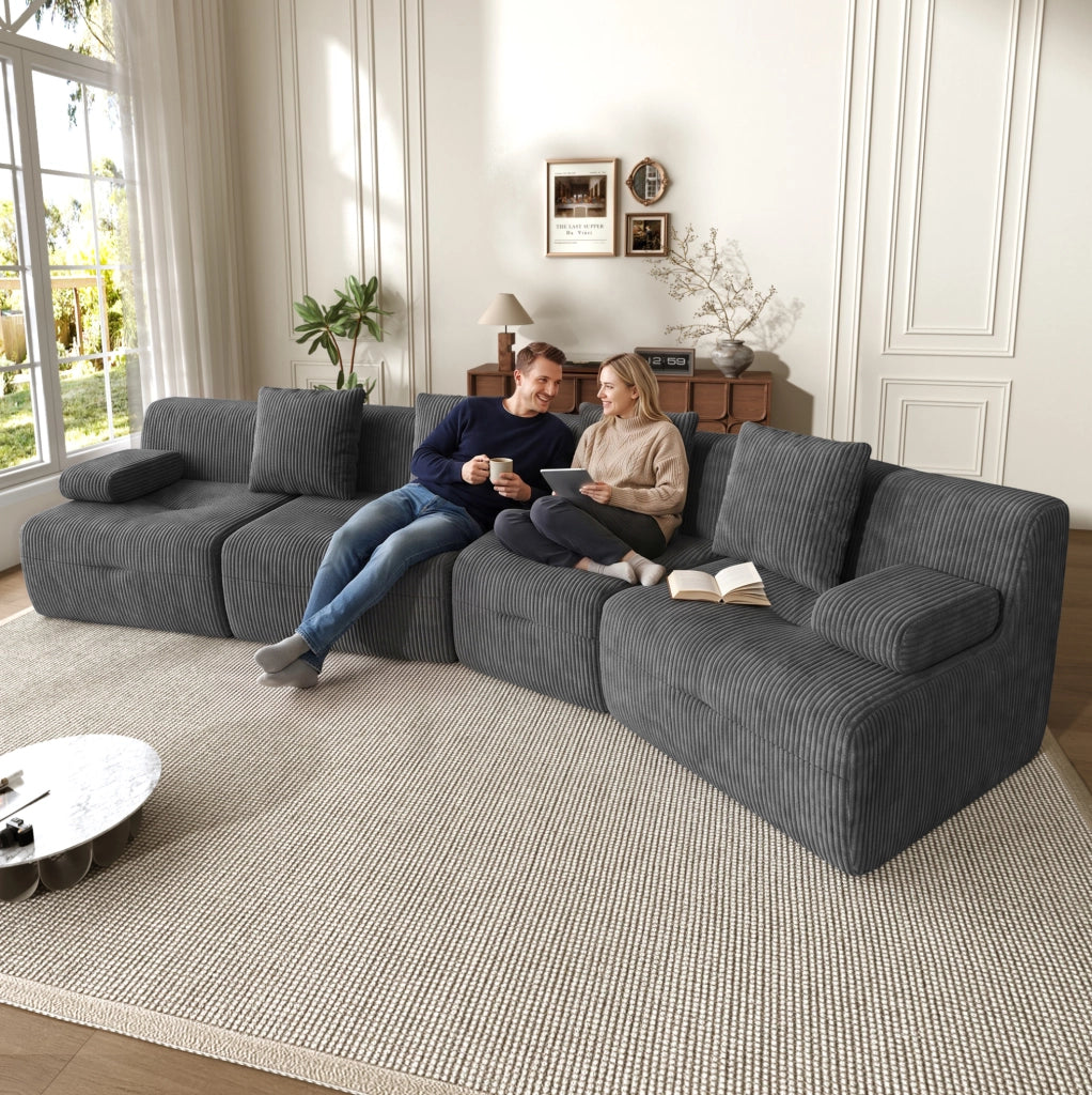 Divano modulare 4 posti in tessuto corduroy grigio scuro; 311 x 90 x 65 cm