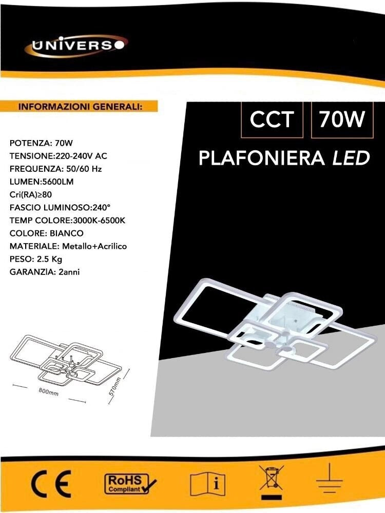 Plafoniera LED 70W 3 colori CCT, luce calda/naturale/fredda, lampadario moderno 6 quadrati 5600lm, design elegante per interni