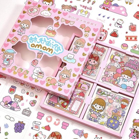 Set di adesivi Kawaii con 100 fogli, ragazze cartoni animate carine per attività di creatività e organizzatori (rosa)
