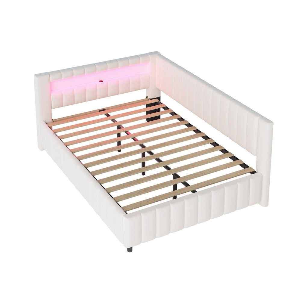 Letto imbottito con LED ¨C Minimal ¨C velluto beige 140x200 cm