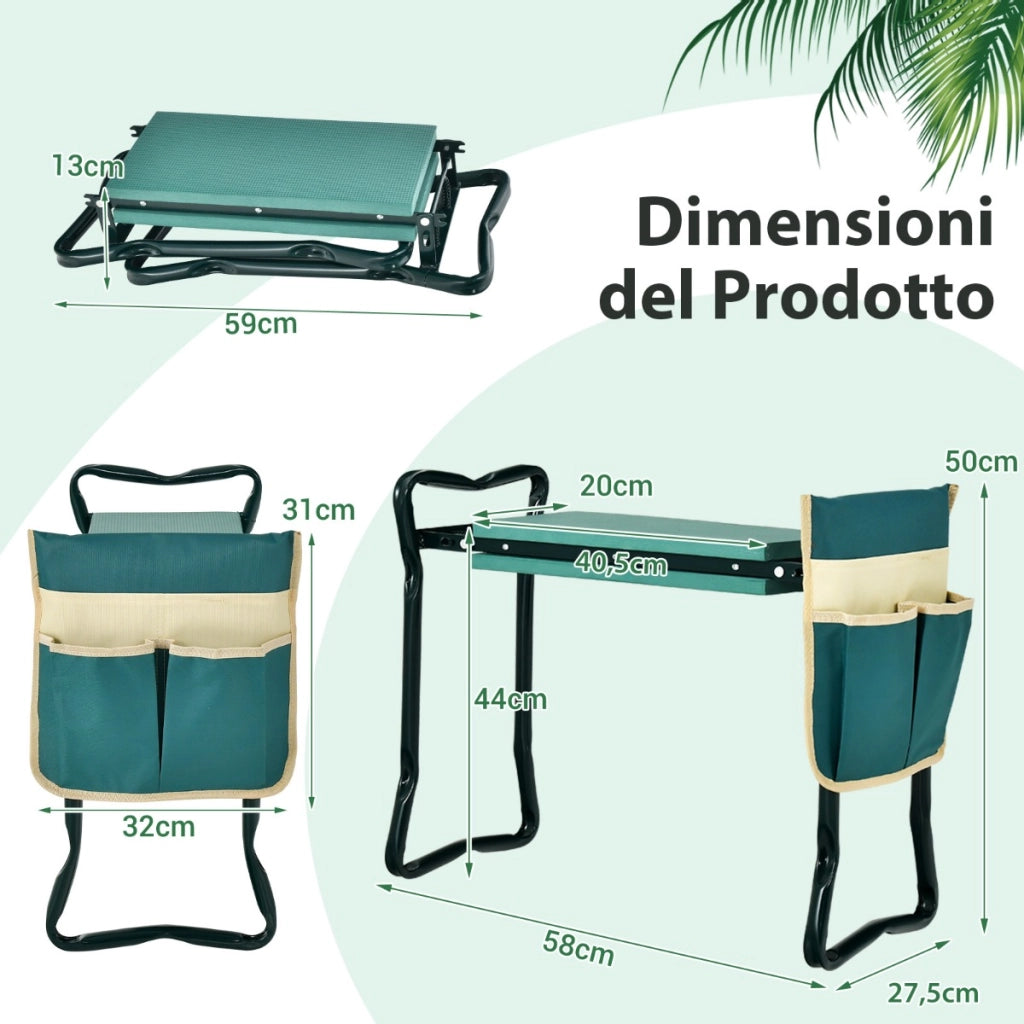 Sedile da giardino 2-in-1 portatile e pieghevole, Panchina per uso intensivo con grande borsa per attrezzi-Attrezzi da giardino