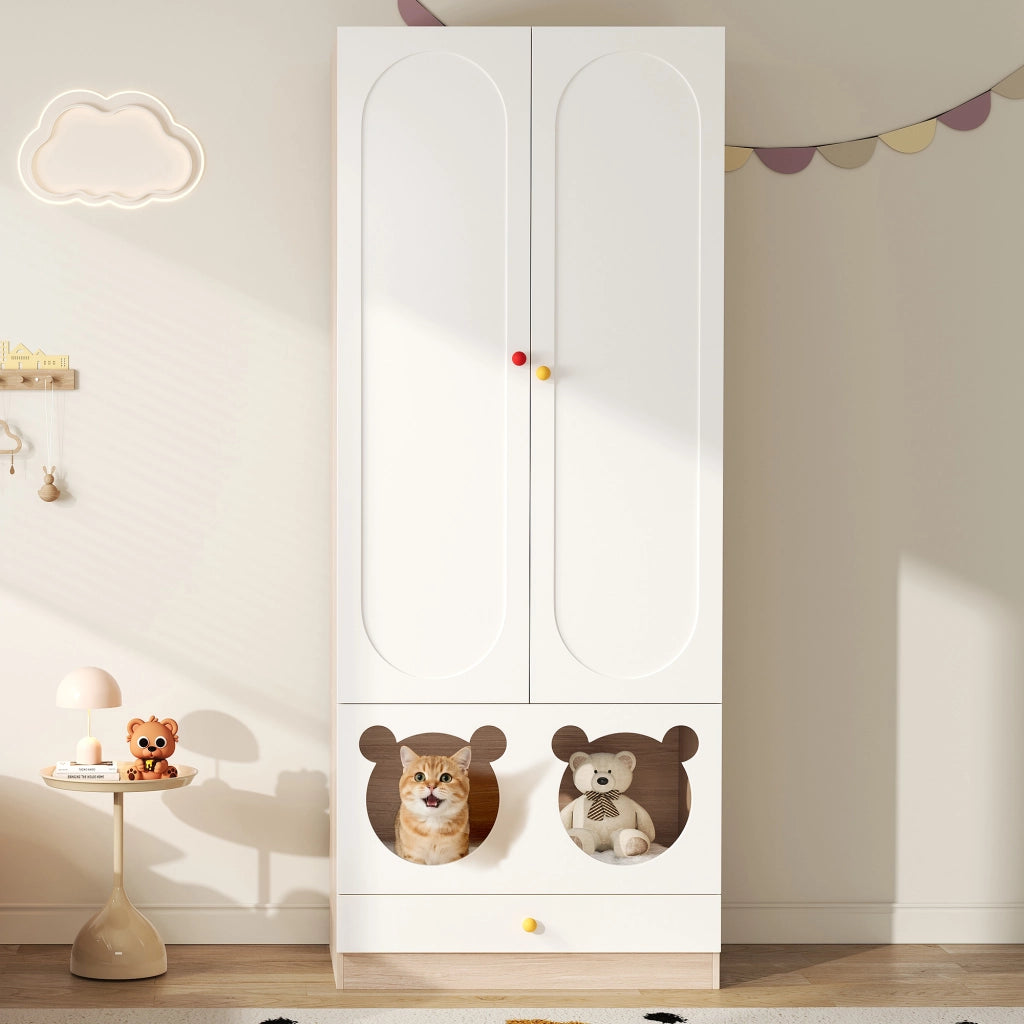 Armadio a 2 ante con asta appendiabiti e cassetti, per camera dei bambini, in MDF, bianco naturale, 80 × 50 × 200 cm
