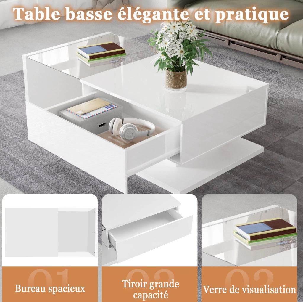 Tavolino da salotto moderno 105x55x32;5 cm in truciolare bianco lucido con LED e vetro temperato